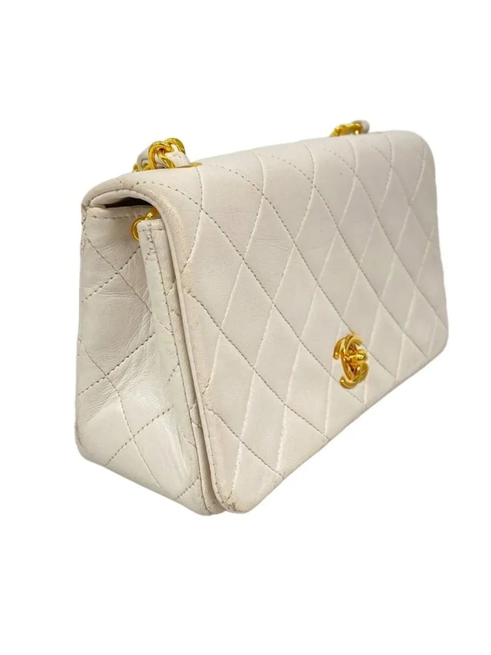 Chanel Shoulder Bag Quilted Lambskin White Gold